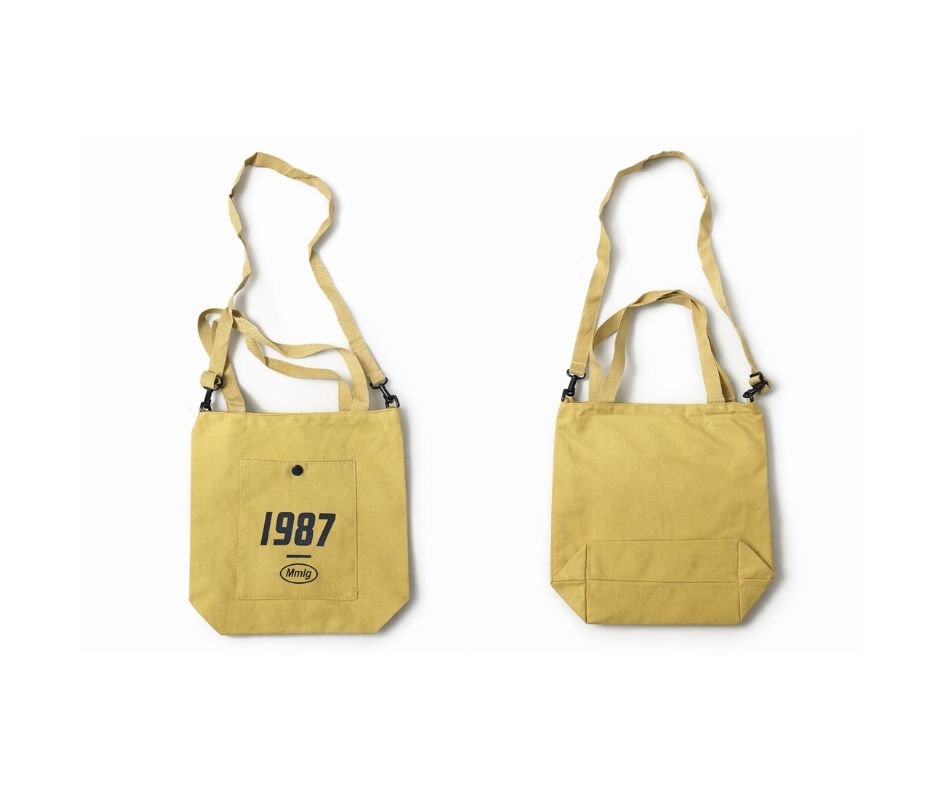 Mustard Yellow Canvas Crossbody Tote Bag – “1987” Printed Design